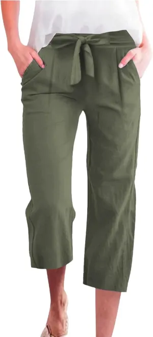 Capri Pants for Women Casual Straight Wide Leg Cropped Trousers Drawstring Elastic High Waist Linen Summer Pant
