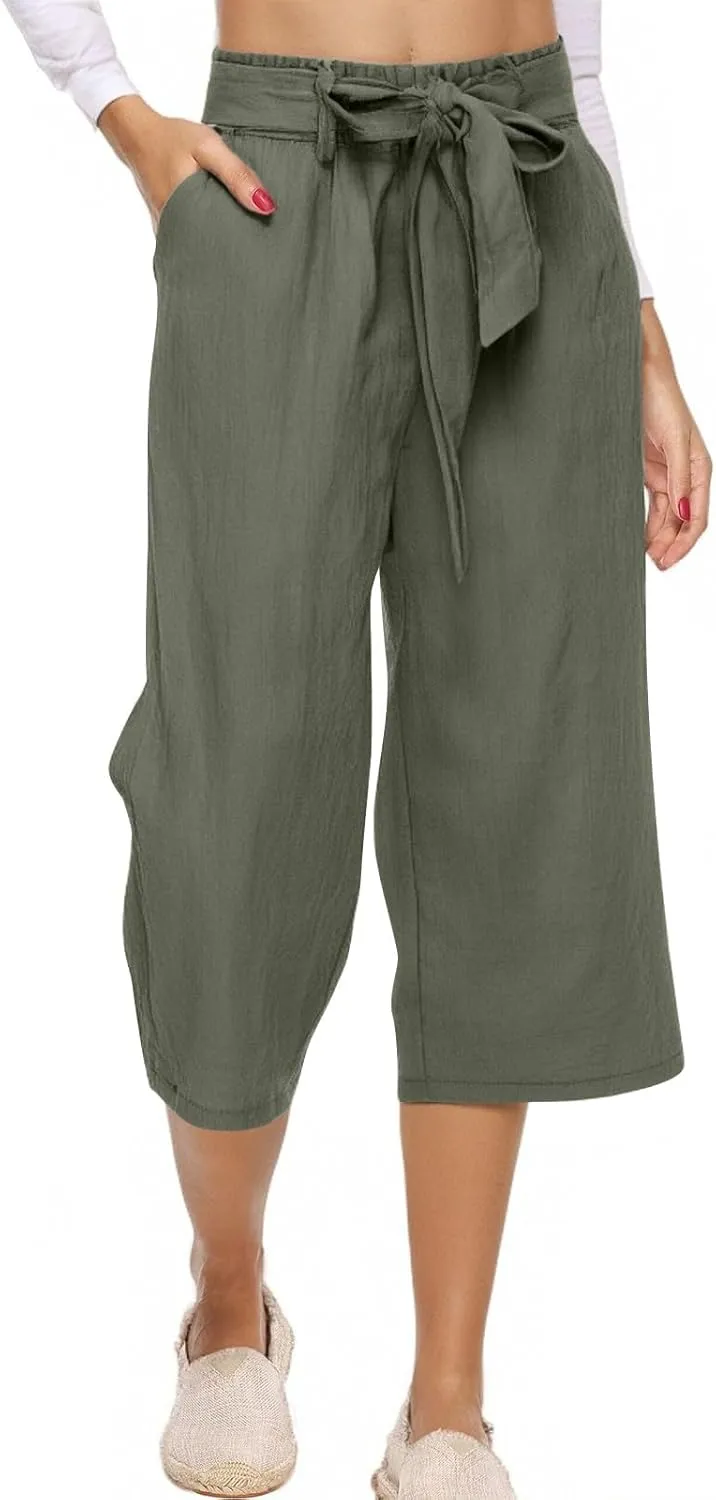 Capri Pants for Women Casual Straight Wide Leg Cropped Trousers Drawstring Elastic High Waist Linen Summer Pant