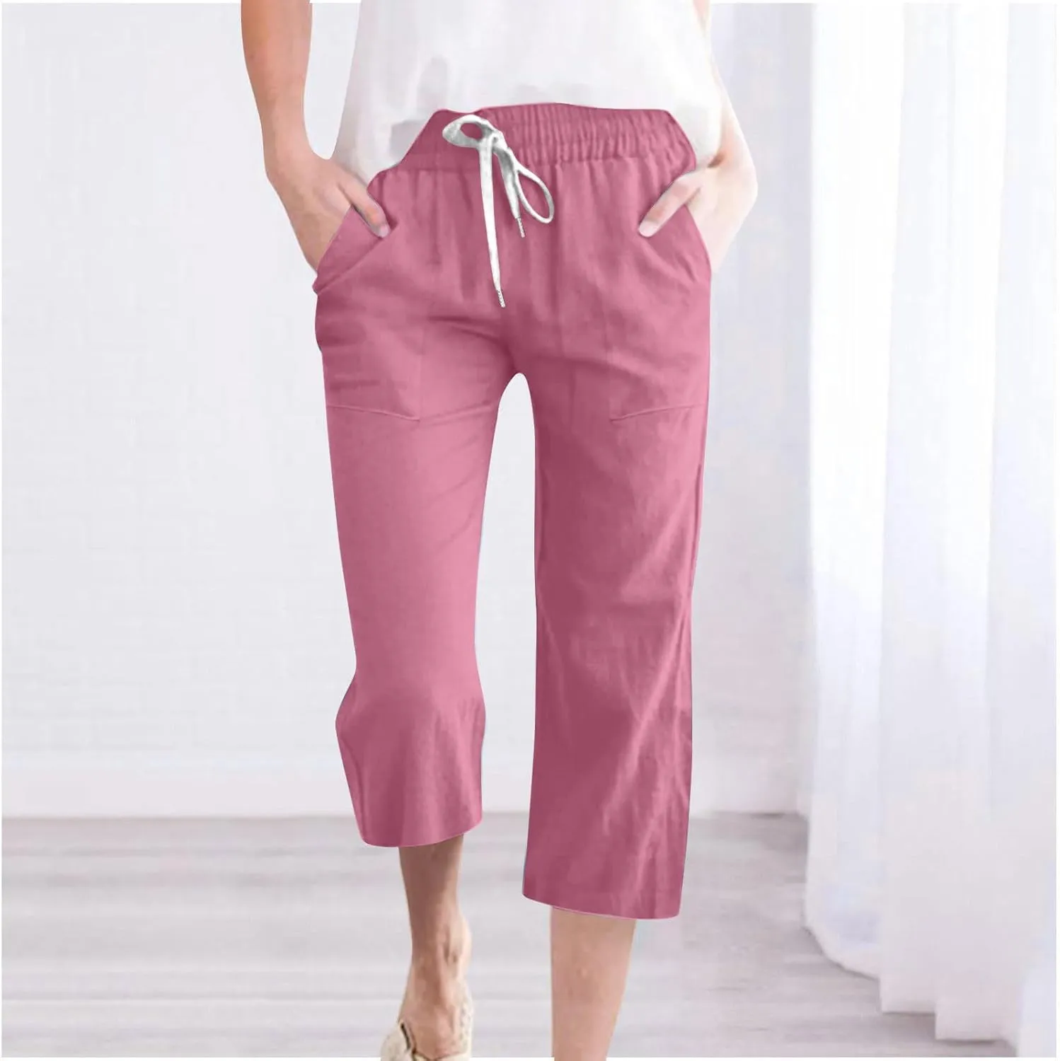 Capri Pants for Women Casual Summer Drawstring Elestic High Waist Cropped Trouser Plus Size Cotton Linen Capris