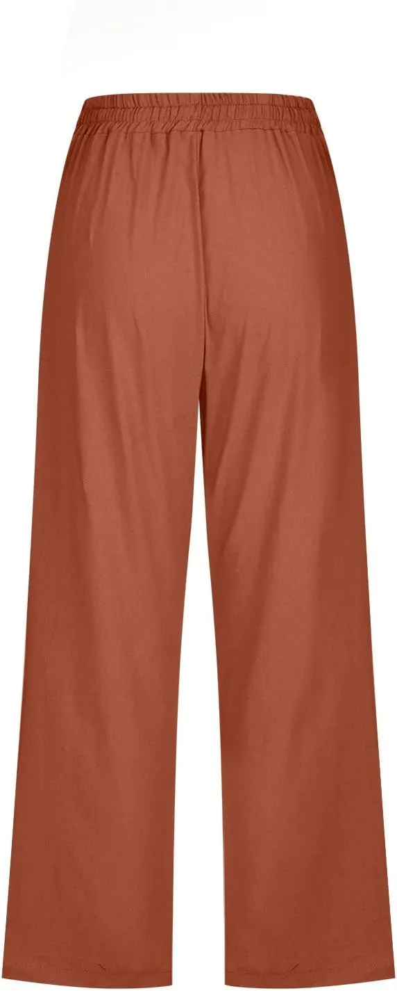 Capri Pants for Women Casual Summer Drawstring Elestic High Waist Cropped Trouser Plus Size Cotton Linen Capris