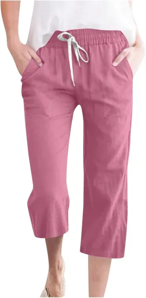 Capri Pants for Women Casual Summer Drawstring Elestic High Waist Cropped Trouser Plus Size Cotton Linen Capris