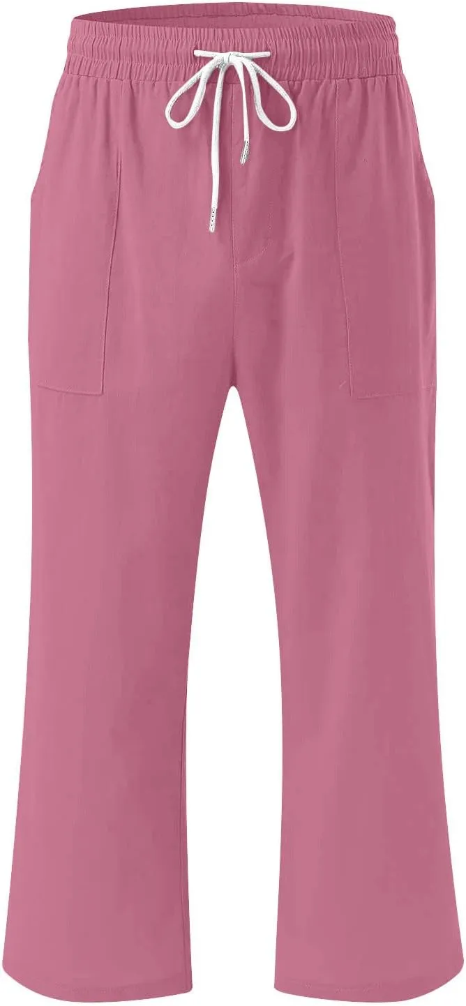 Capri Pants for Women Casual Summer Drawstring Elestic High Waist Cropped Trouser Plus Size Cotton Linen Capris