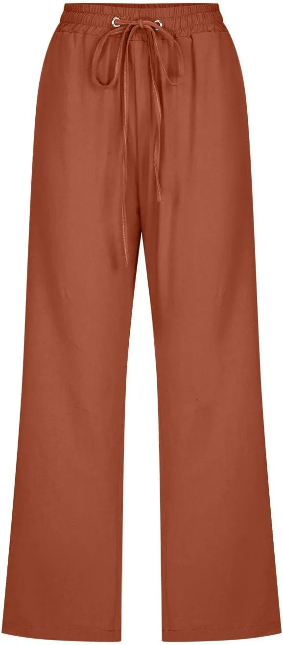 Capri Pants for Women Casual Summer Drawstring Elestic High Waist Cropped Trouser Plus Size Cotton Linen Capris