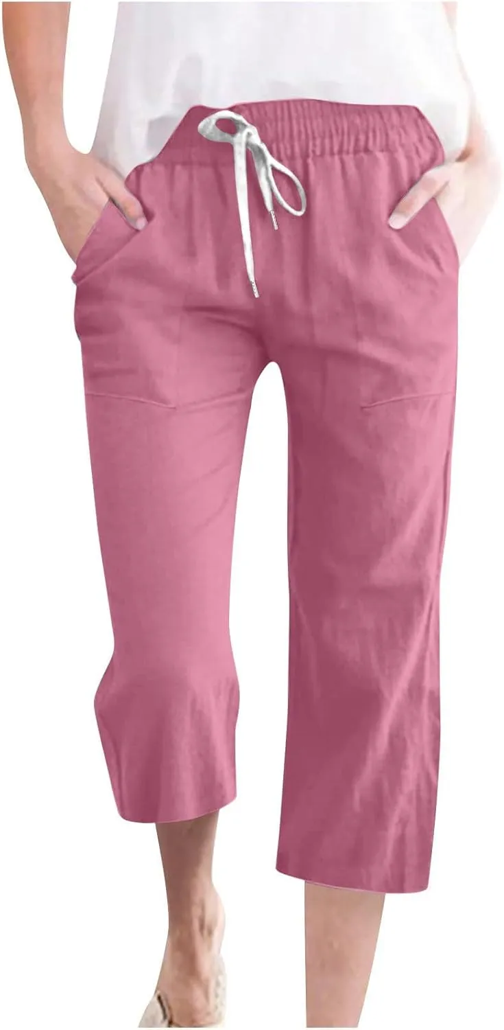 Capri Pants for Women Casual Summer Drawstring Elestic High Waist Cropped Trouser Plus Size Cotton Linen Capris