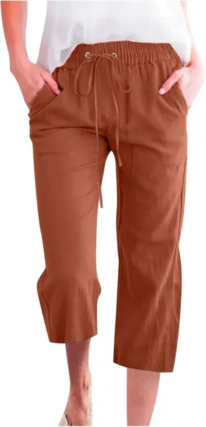 Capri Pants for Women Casual Summer Drawstring Elestic High Waist Cropped Trouser Plus Size Cotton Linen Capris