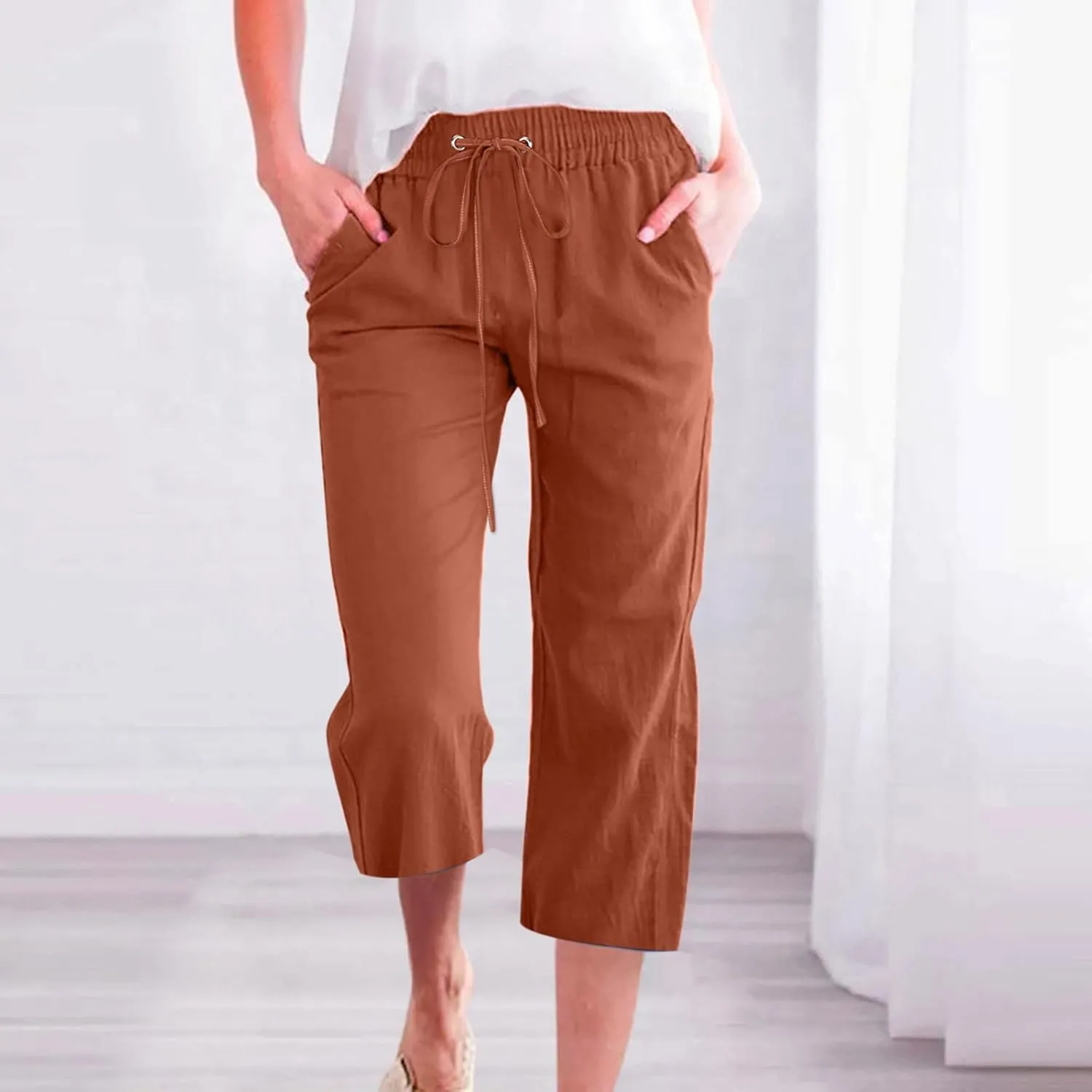Capri Pants for Women Casual Summer Drawstring Elestic High Waist Cropped Trouser Plus Size Cotton Linen Capris