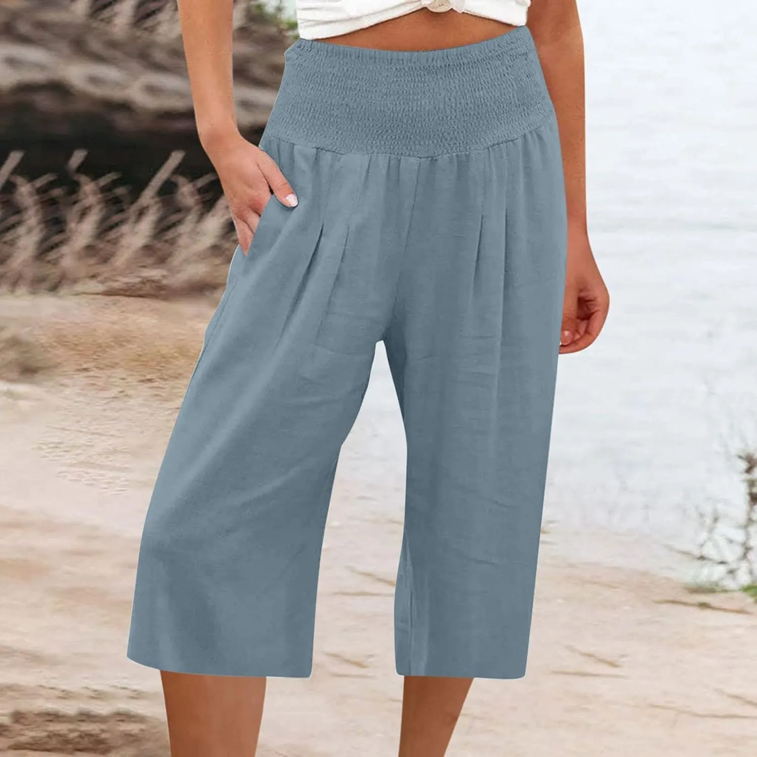 Capri Pants for Women Cotton Linen Summer Casual Wide Leg Capris Smocked High Waist Cropped Trousers with Pockets