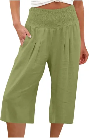 Capri Pants for Women Cotton Linen Summer Casual Wide Leg Capris Smocked High Waist Cropped Trousers with Pockets