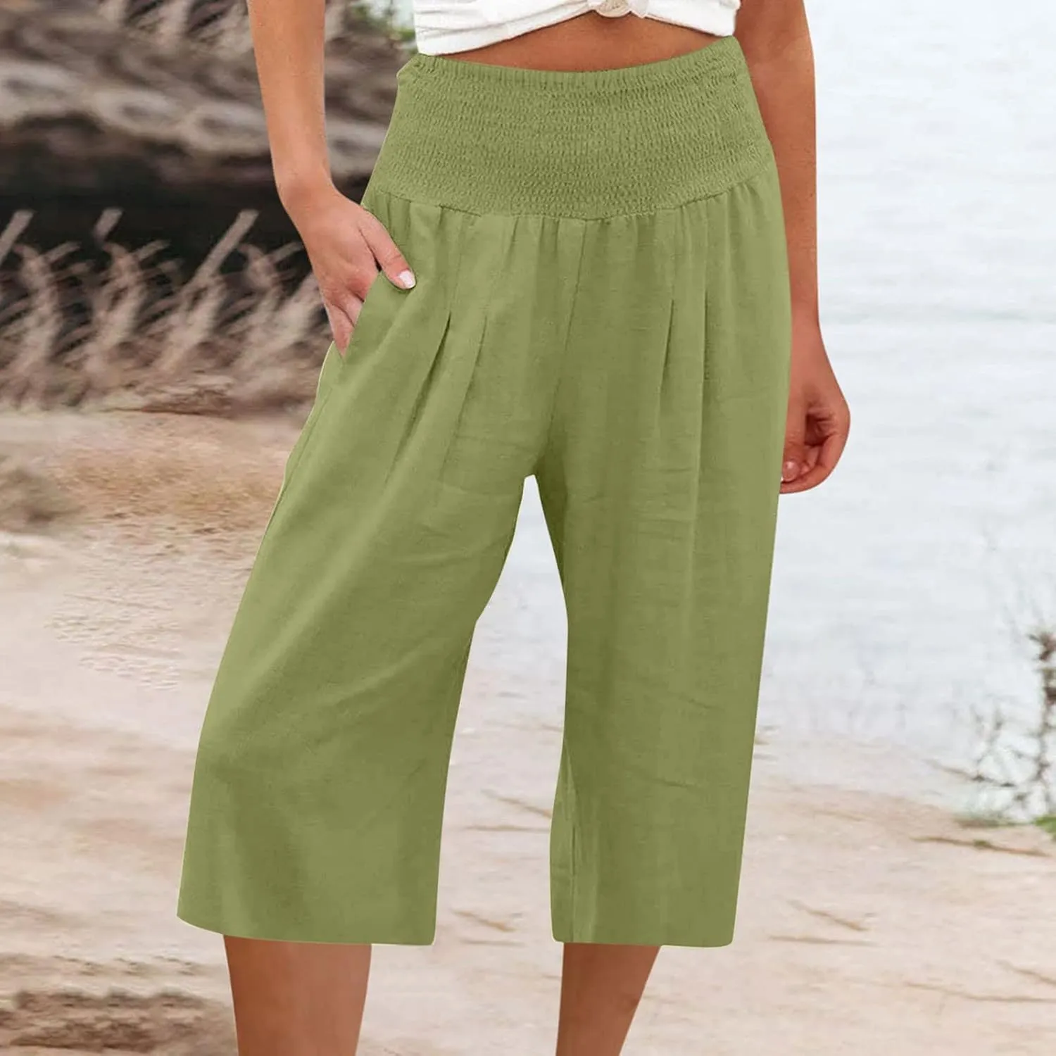 Capri Pants for Women Cotton Linen Summer Casual Wide Leg Capris Smocked High Waist Cropped Trousers with Pockets
