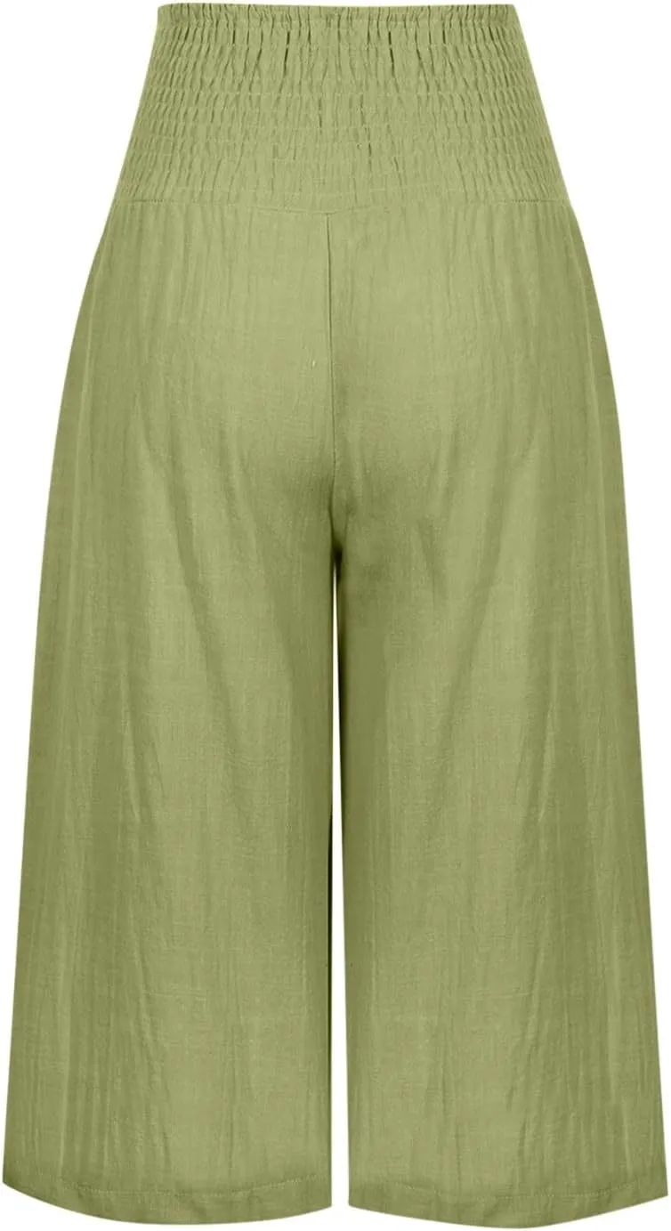 Capri Pants for Women Cotton Linen Summer Casual Wide Leg Capris Smocked High Waist Cropped Trousers with Pockets