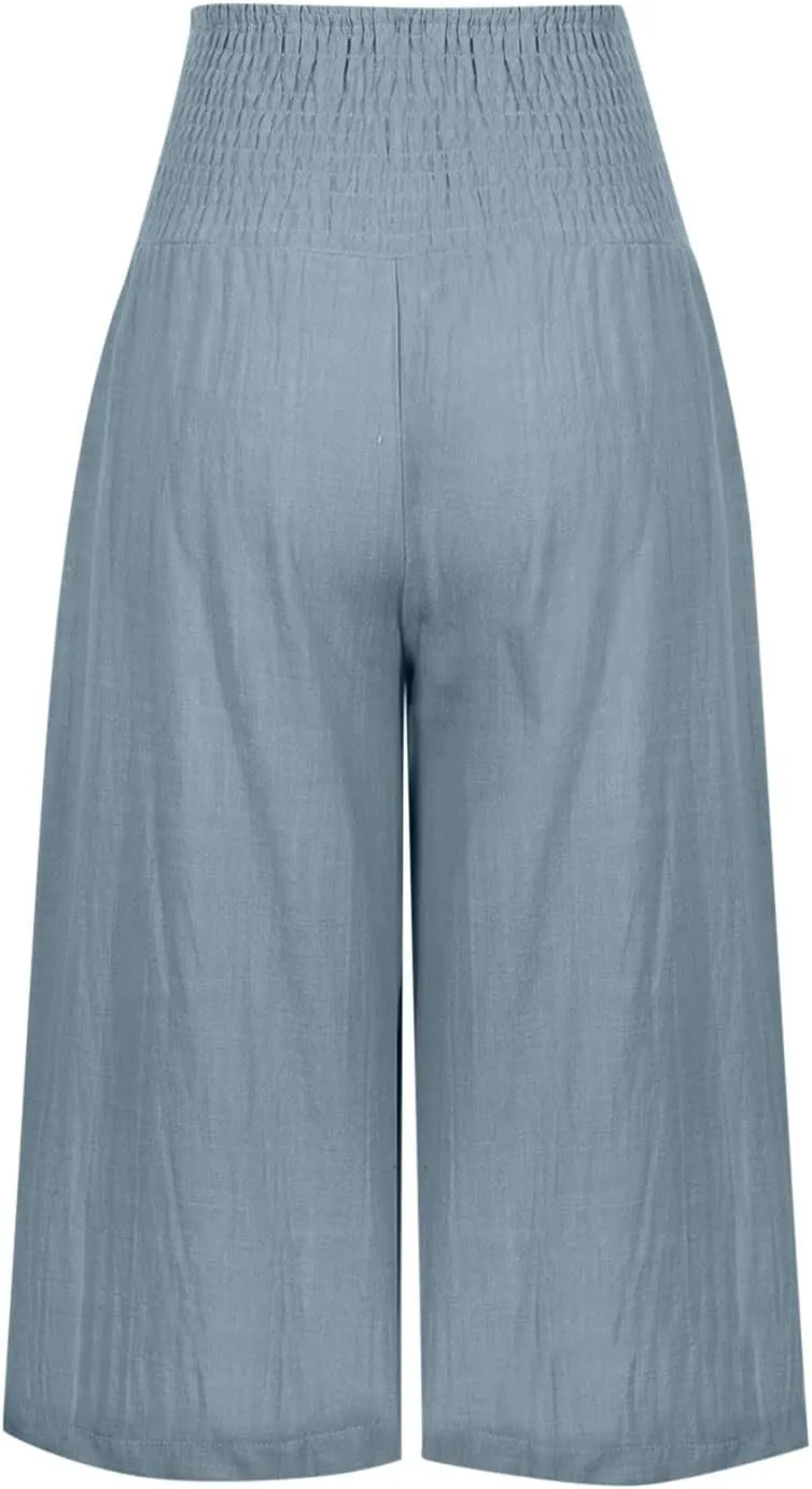 Capri Pants for Women Cotton Linen Summer Casual Wide Leg Capris Smocked High Waist Cropped Trousers with Pockets