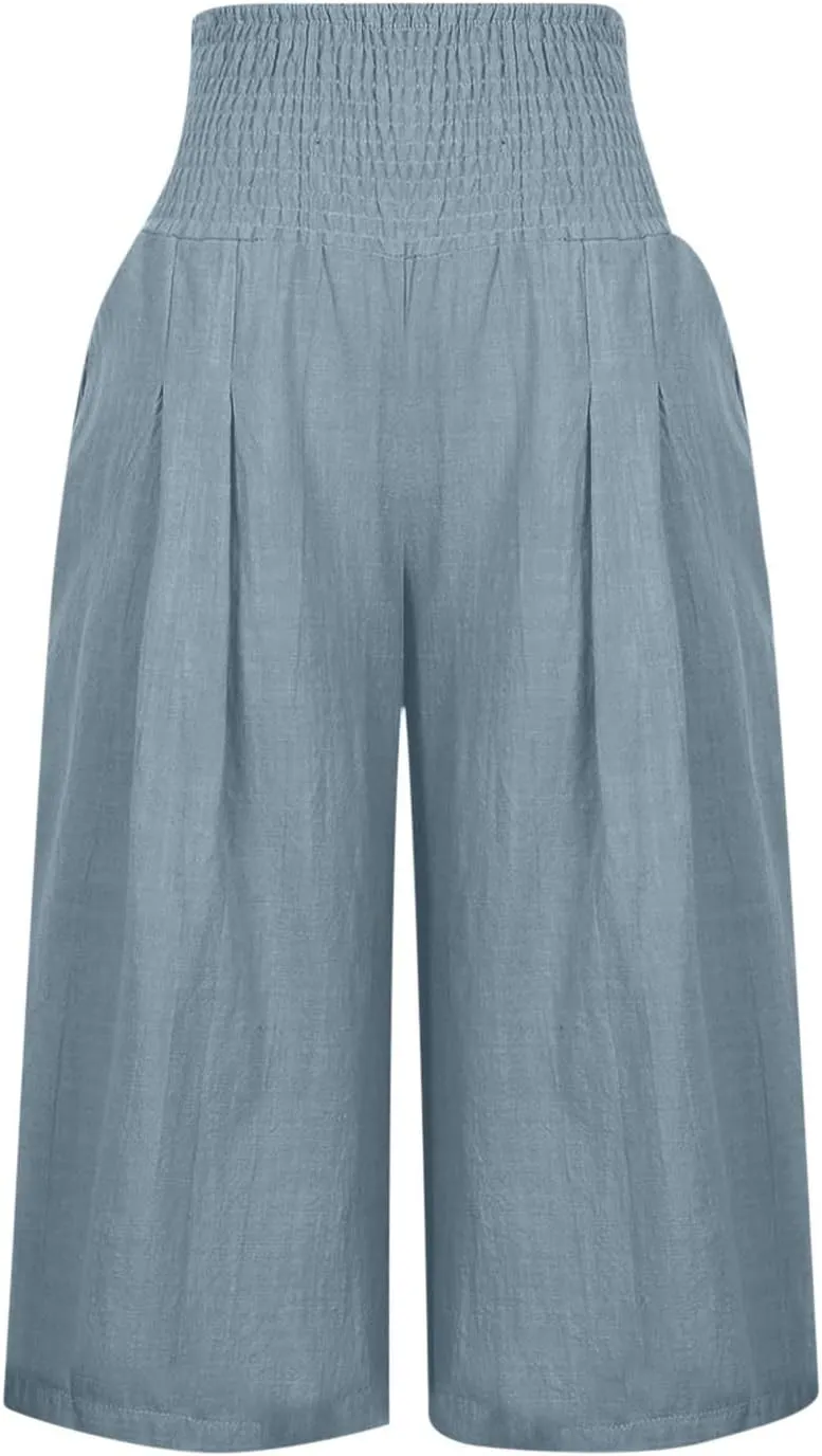Capri Pants for Women Cotton Linen Summer Casual Wide Leg Capris Smocked High Waist Cropped Trousers with Pockets
