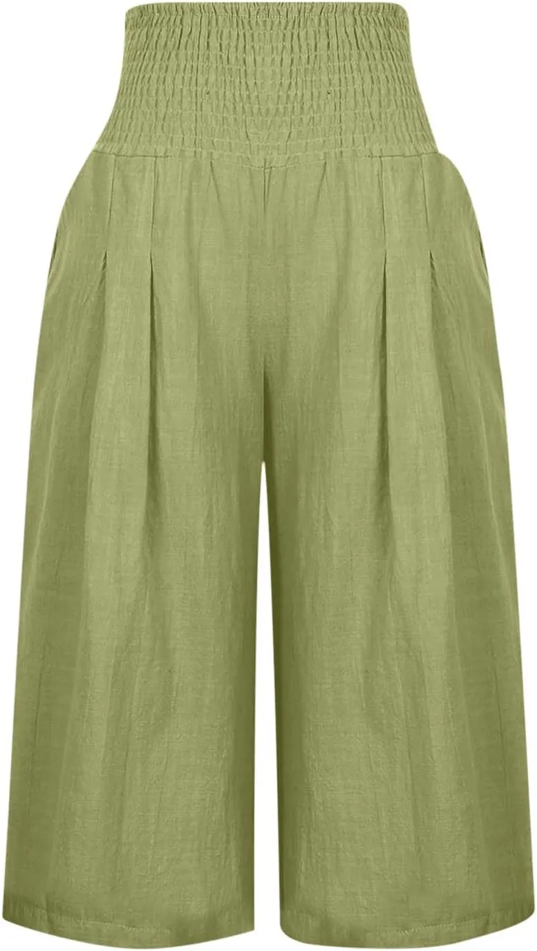 Capri Pants for Women Cotton Linen Summer Casual Wide Leg Capris Smocked High Waist Cropped Trousers with Pockets