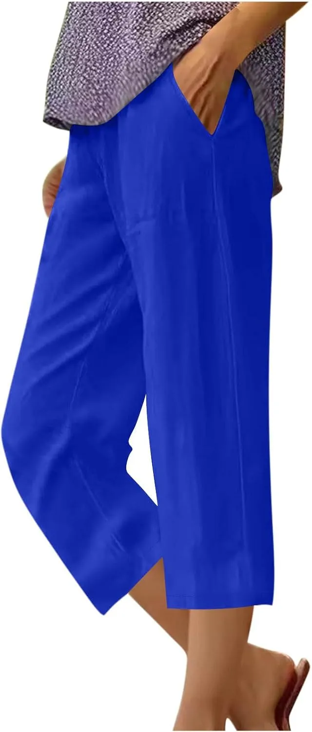 Capri Pants for Women Plus Size Trendy Elastic Waist Wide Leg Linen Pants Summer Beach Lighweight Cropped Trousers