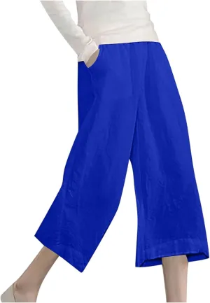 Capri Pants for Women Plus Size Trendy Elastic Waist Wide Leg Linen Pants Summer Beach Lighweight Cropped Trousers