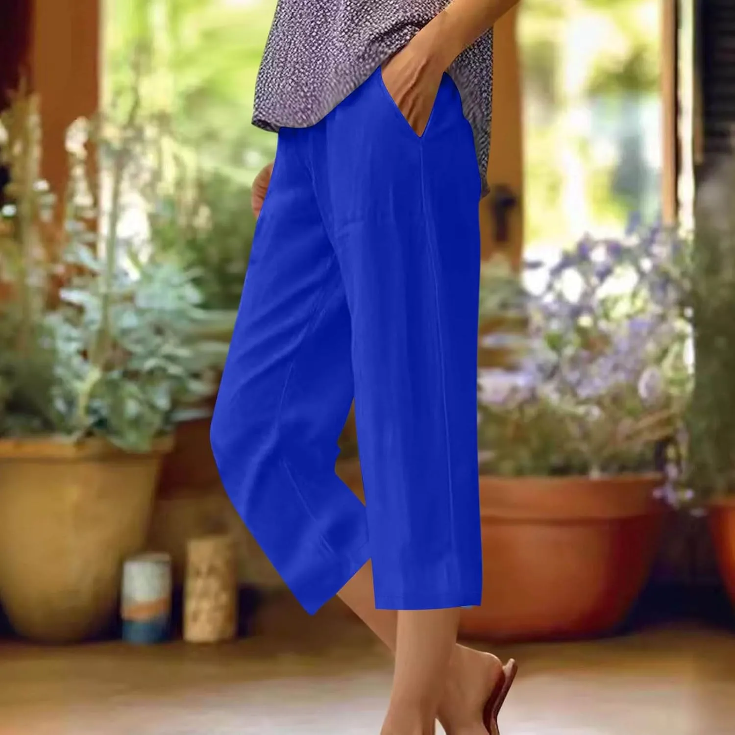 Capri Pants for Women Plus Size Trendy Elastic Waist Wide Leg Linen Pants Summer Beach Lighweight Cropped Trousers