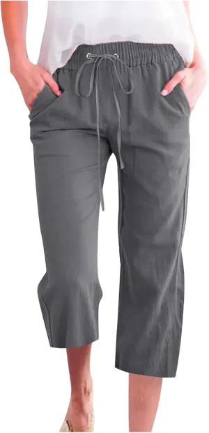 Capri Pants for Women Summer Cotton Linen Pant Casual Beach Capris Lounge Wide Leg Cropped Trousers Pant with Pockets