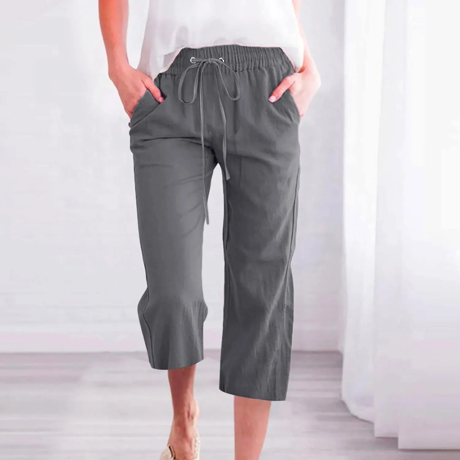 Capri Pants for Women Summer Cotton Linen Pant Casual Beach Capris Lounge Wide Leg Cropped Trousers Pant with Pockets