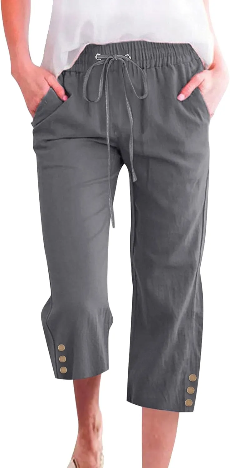 Capris Pants for Women High Waist Drawstring Comfy Casual Pants Lightweight Loose Trousers ButtonsTrim with Pocket