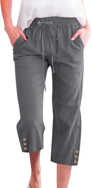 Capris Pants for Women High Waist Drawstring Comfy Casual Pants Lightweight Loose Trousers ButtonsTrim with Pocket