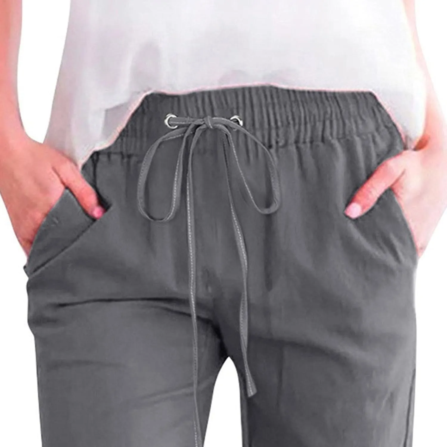 Capris Pants for Women High Waist Drawstring Comfy Casual Pants Lightweight Loose Trousers ButtonsTrim with Pocket