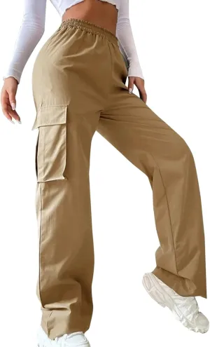 Casual Wide Leg Work Pants for Women Loose Fit Solid Color High Waisted Pant Elastic Waist Trouser with Pockets