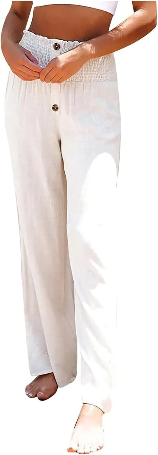 Ceboyel Women Button Straight Leg Summer Pants High Waisted Linen Pants Dressy Causal Linen Trousers Trendy Ladies Outfits