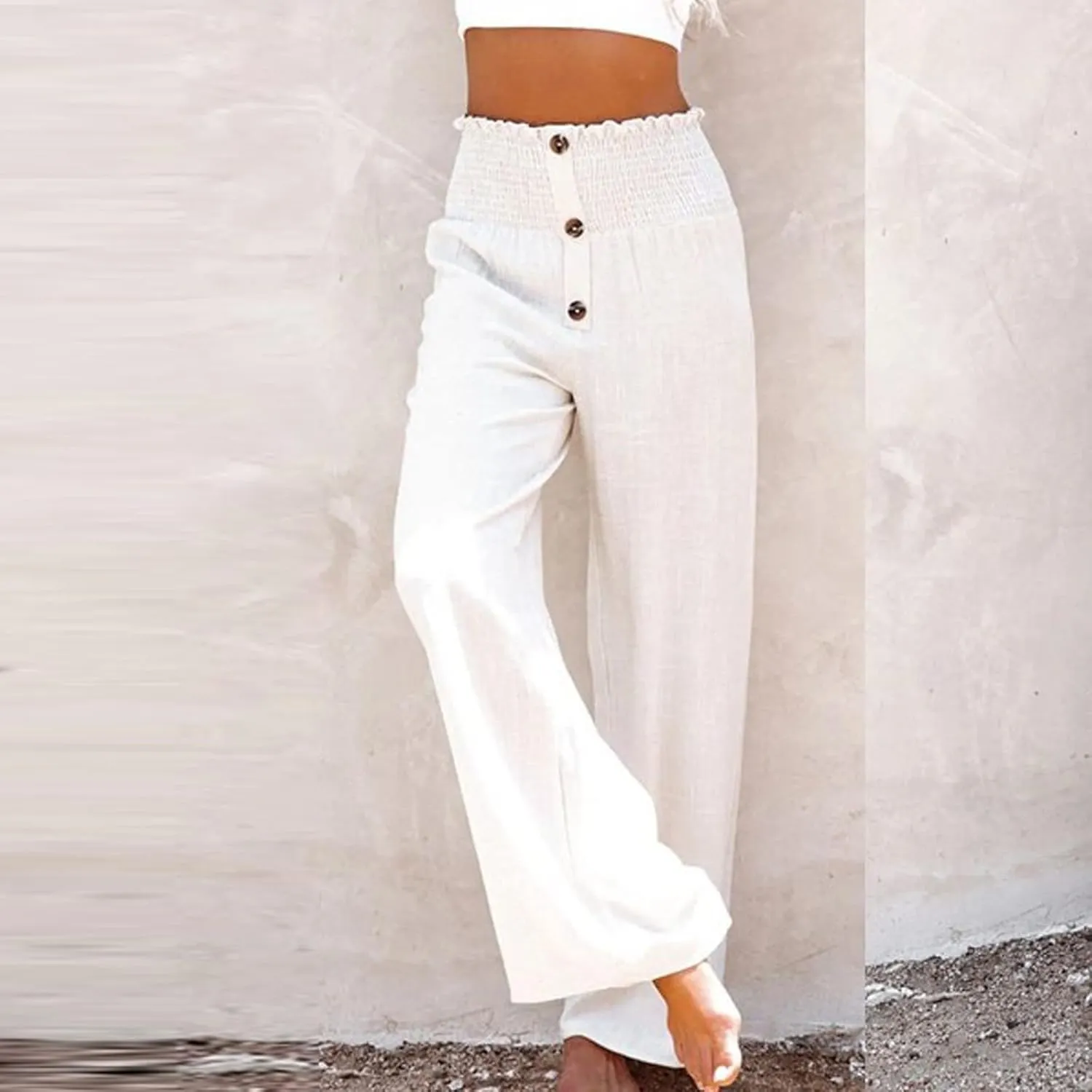 Ceboyel Women Button Straight Leg Summer Pants High Waisted Linen Pants Dressy Causal Linen Trousers Trendy Ladies Outfits