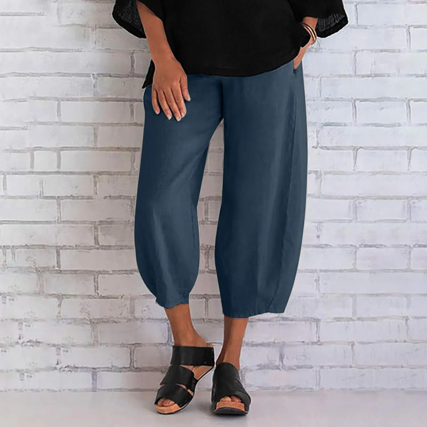 Ceboyel Women's Boho Casual Linen Pants Wide Leg Capri Pants Relax Fit Cute Baggy Pants Summer Beach Lounge Trousers 2023