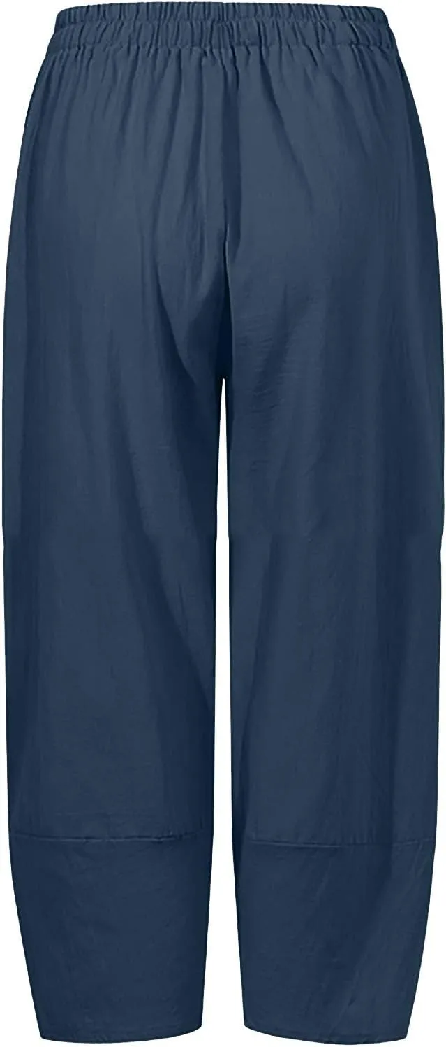 Ceboyel Women's Boho Casual Linen Pants Wide Leg Capri Pants Relax Fit Cute Baggy Pants Summer Beach Lounge Trousers 2023