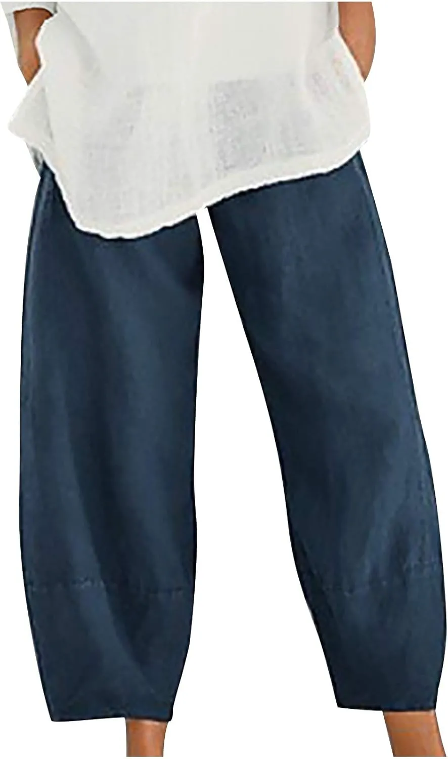 Ceboyel Women's Boho Casual Linen Pants Wide Leg Capri Pants Relax Fit Cute Baggy Pants Summer Beach Lounge Trousers 2023