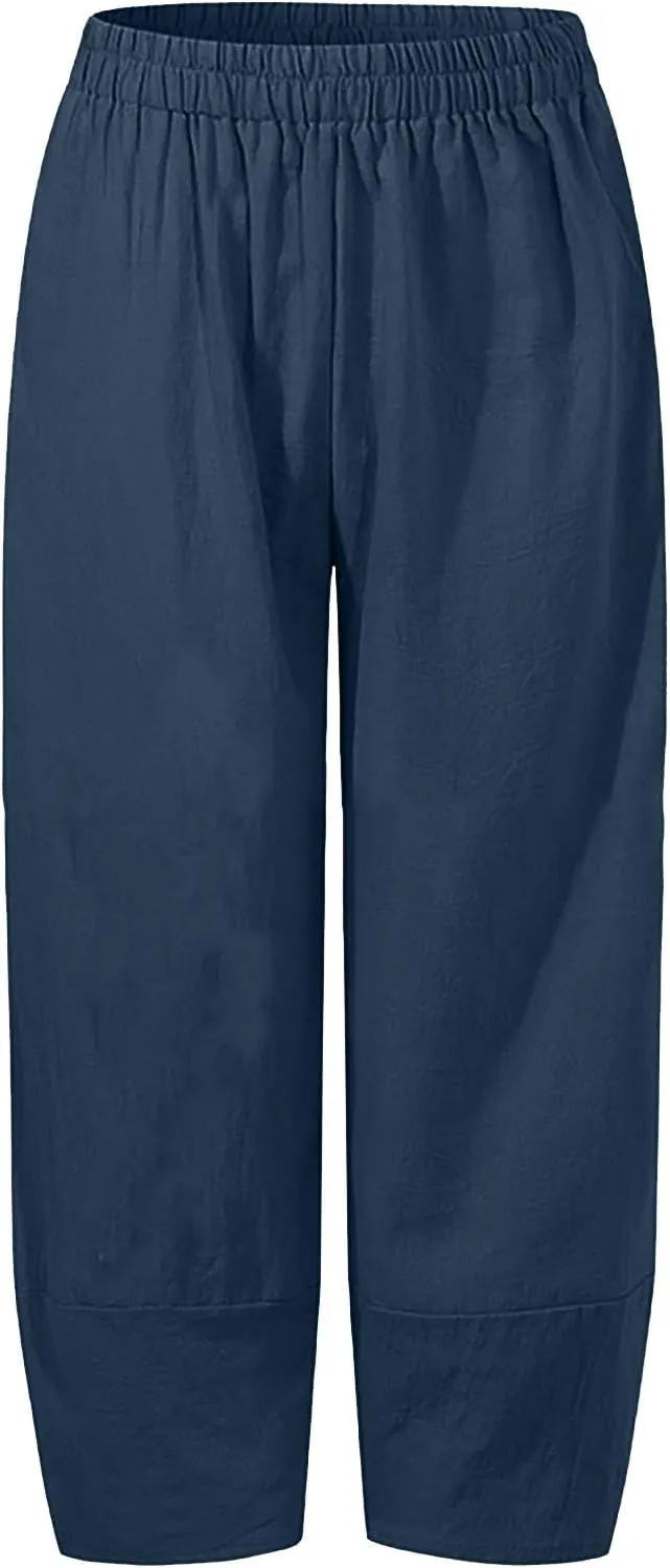 Ceboyel Women's Boho Casual Linen Pants Wide Leg Capri Pants Relax Fit Cute Baggy Pants Summer Beach Lounge Trousers 2023