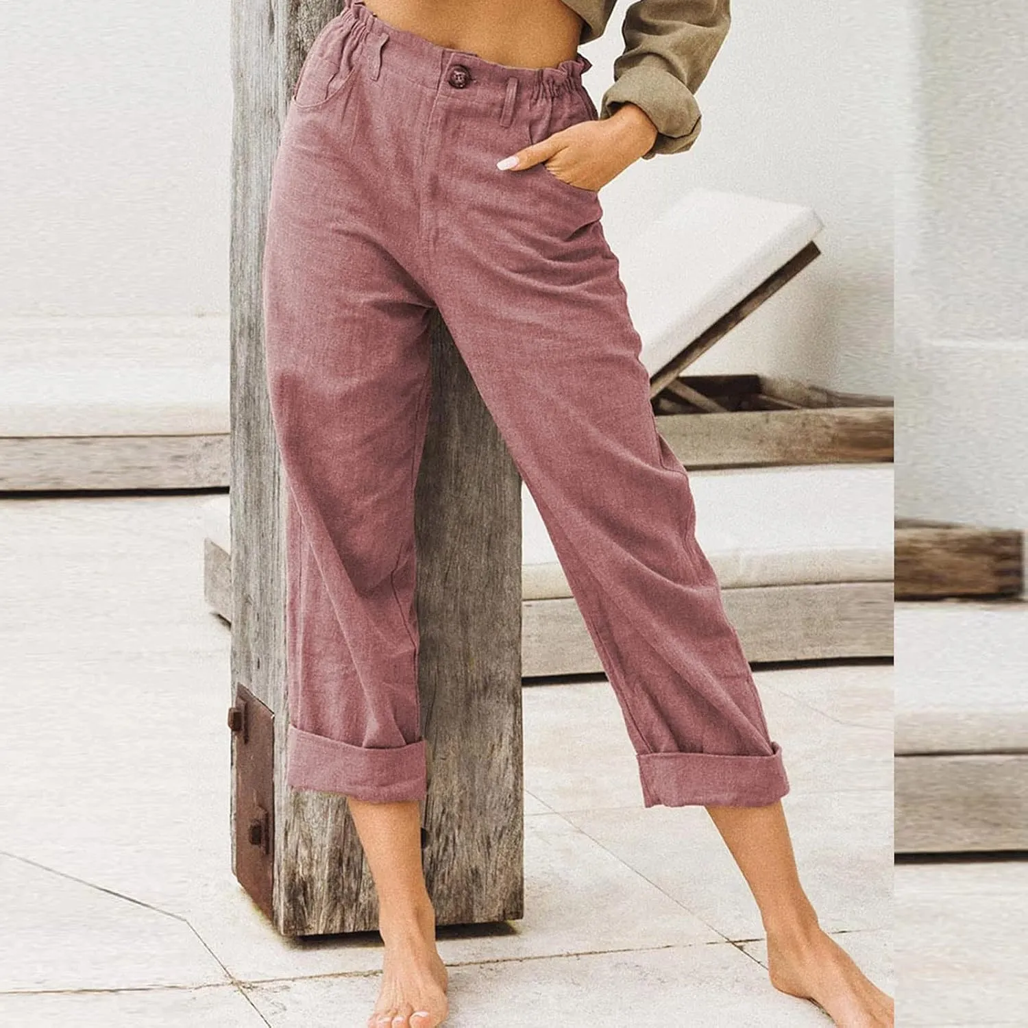 Ceboyel Womens Cotton Linen Capri Pants Cute Summer Capris Dressy Casual Trousers Boho Resort Wear with Pockets 2023