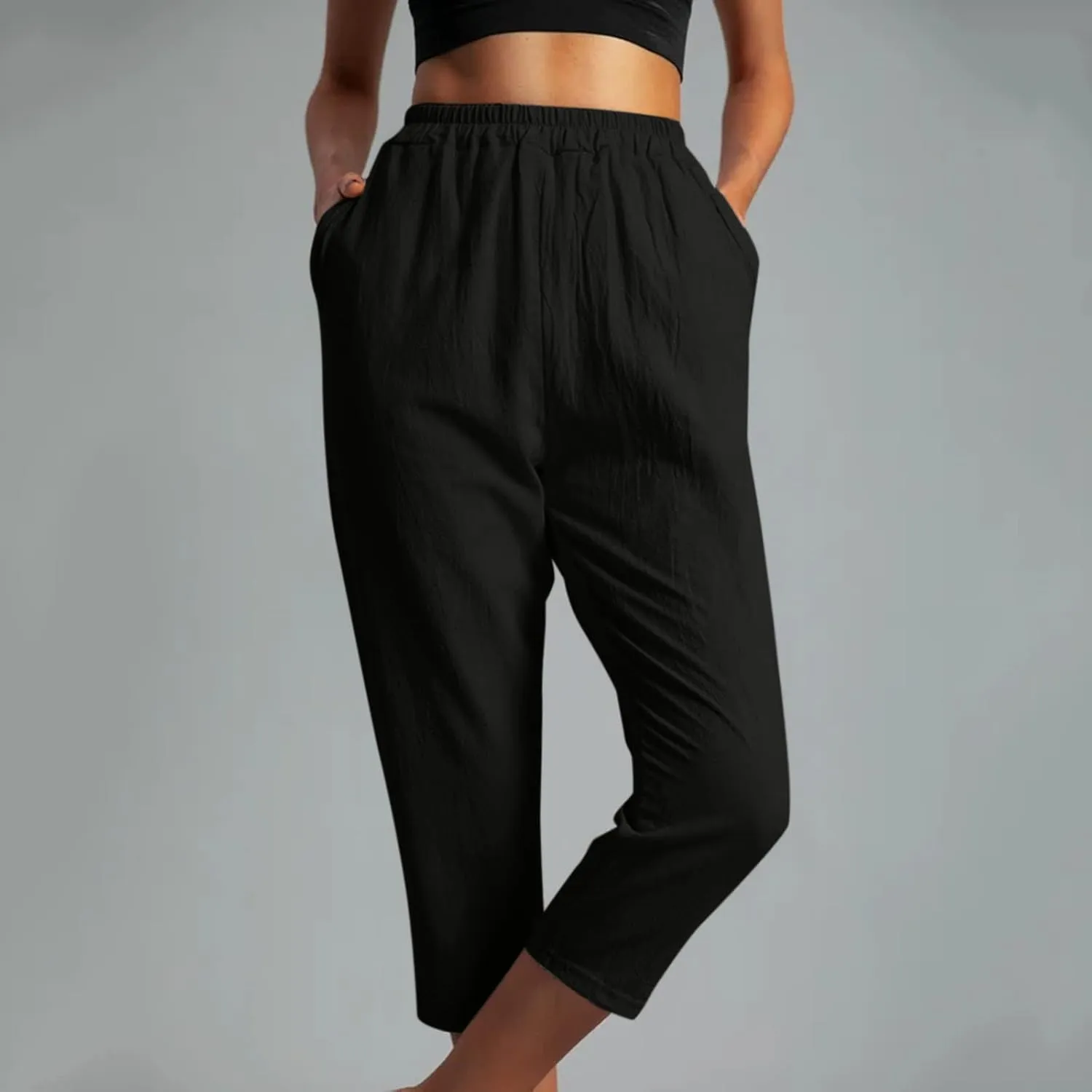 Ceboyel Womens High Waist Elastic Waist Pants Cotton Linen Summer Pant Ankle Length Comfy Trousers Boho Travel Clothes