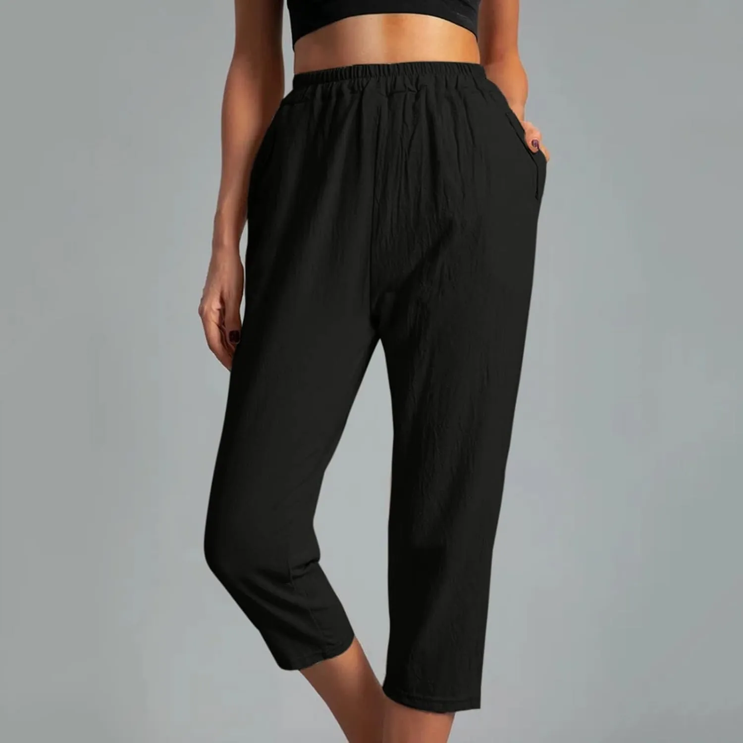 Ceboyel Womens High Waist Elastic Waist Pants Cotton Linen Summer Pant Ankle Length Comfy Trousers Boho Travel Clothes