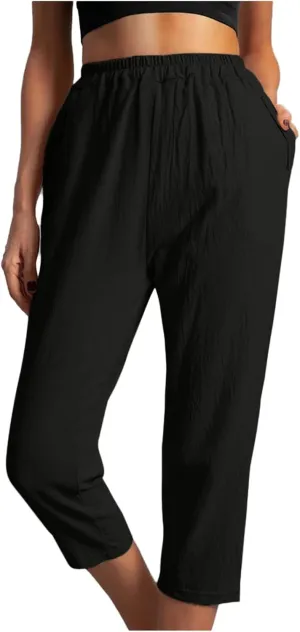 Ceboyel Womens High Waist Elastic Waist Pants Cotton Linen Summer Pant Ankle Length Comfy Trousers Boho Travel Clothes