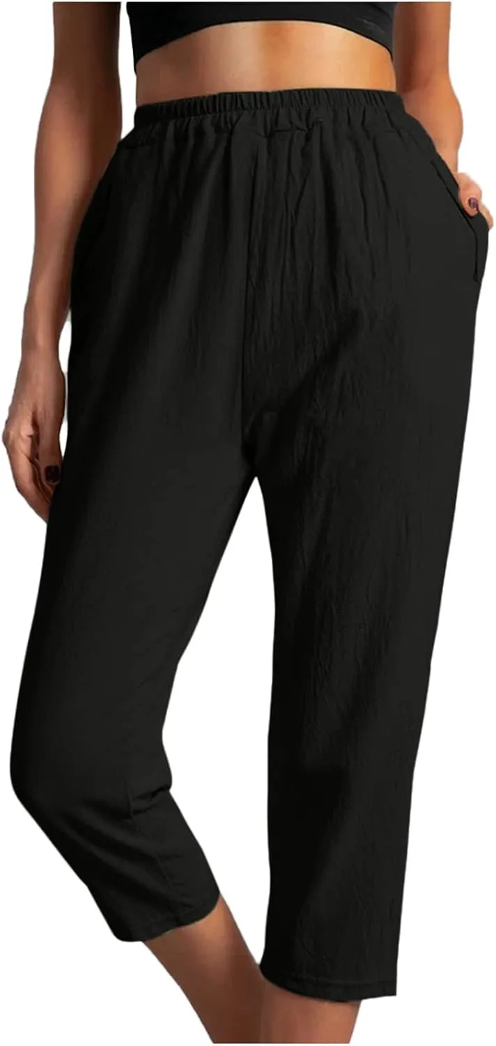 Ceboyel Womens High Waist Elastic Waist Pants Cotton Linen Summer Pant Ankle Length Comfy Trousers Boho Travel Clothes
