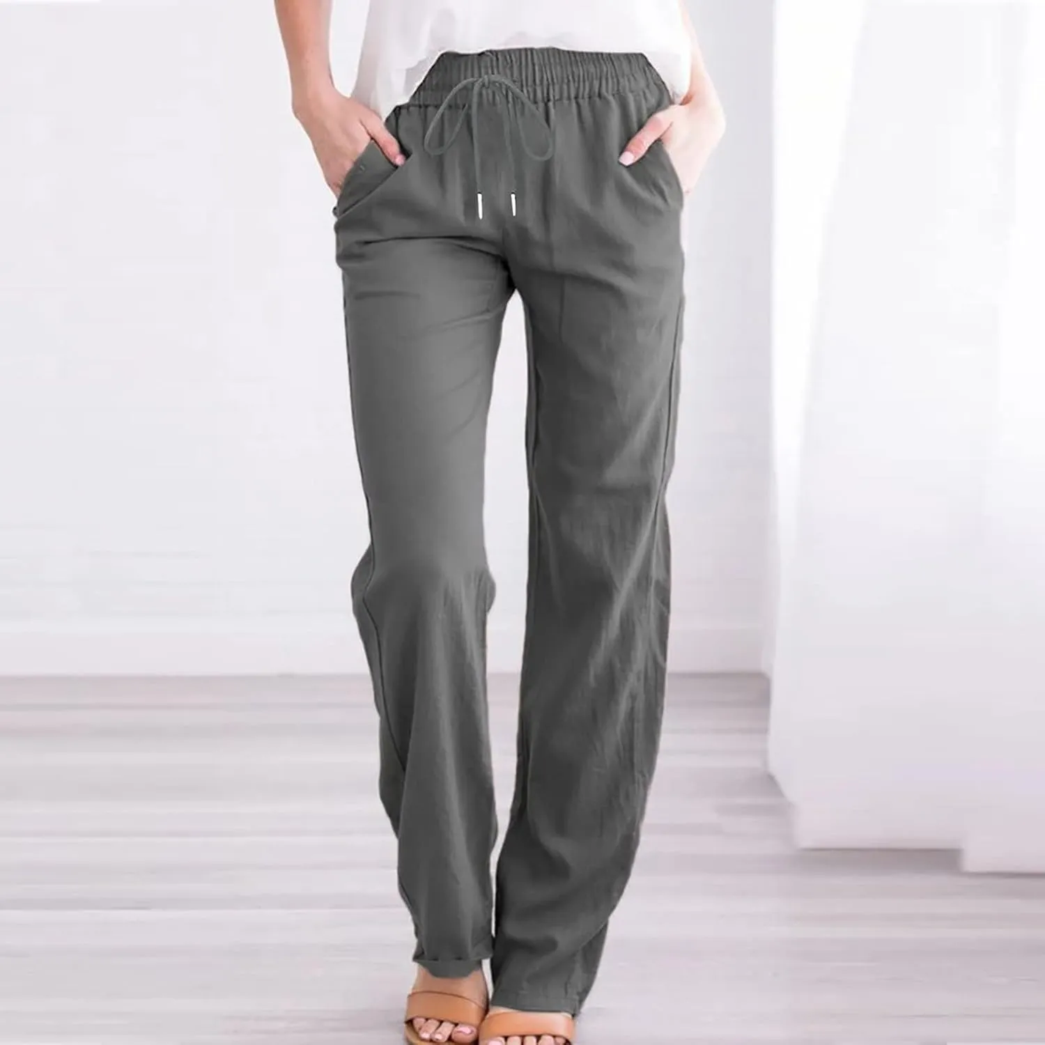 Ceboyel Womens Solid Drawstring Linen Pants Elastic Casual Sweatpants Ankle Length Jogger Straight Leg Trendy Trouser Outfits
