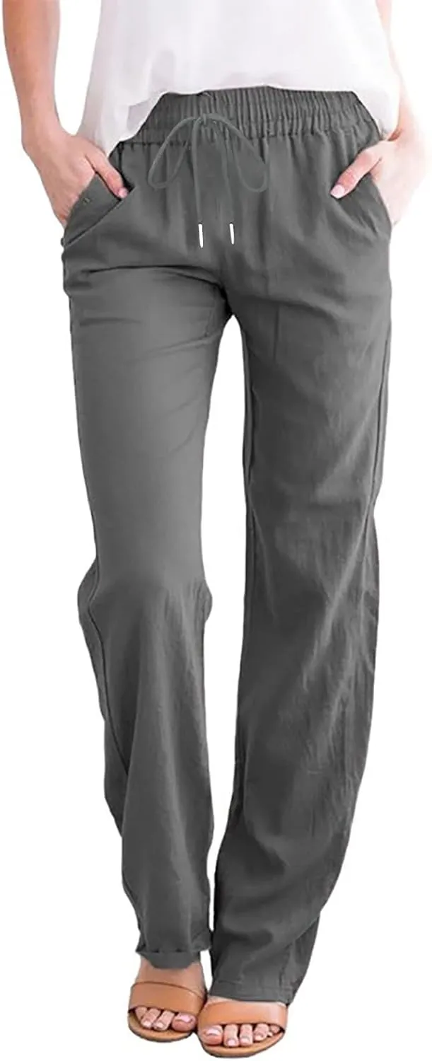 Ceboyel Womens Solid Drawstring Linen Pants Elastic Casual Sweatpants Ankle Length Jogger Straight Leg Trendy Trouser Outfits