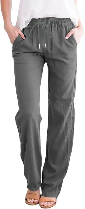 Ceboyel Womens Solid Drawstring Linen Pants Elastic Casual Sweatpants Ankle Length Jogger Straight Leg Trendy Trouser Outfits