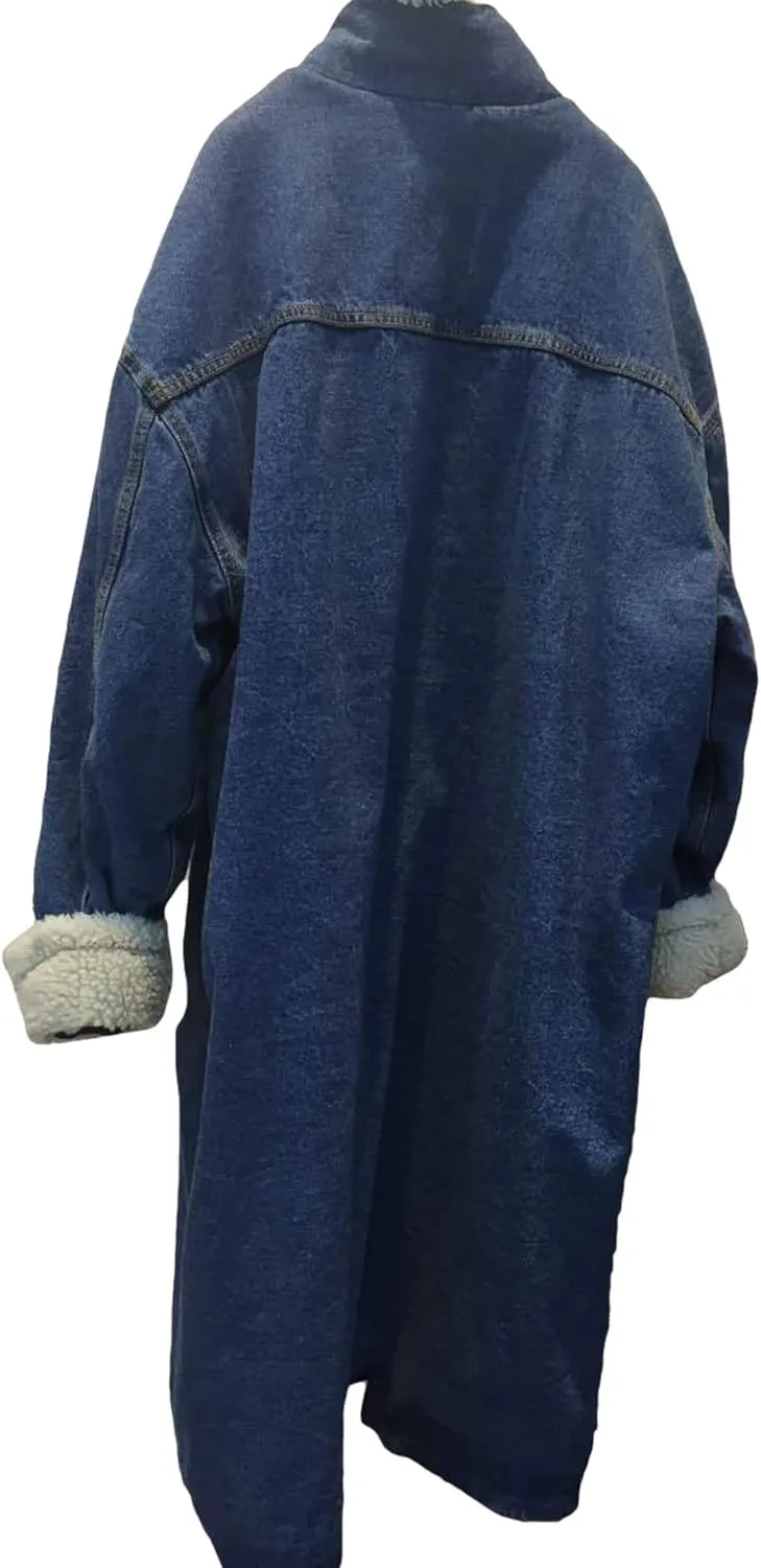 CHARTOU Women's Thicken Loose Sherpa Fleece Lined Button Down Long Denim Jacket Overcoat