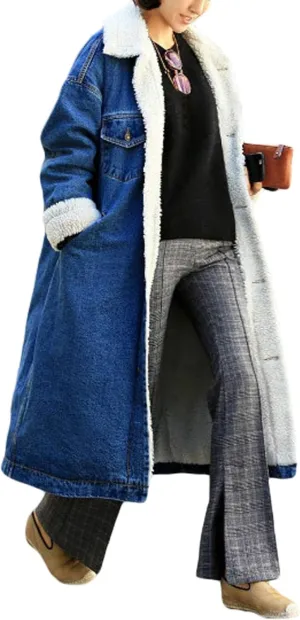 CHARTOU Women's Thicken Loose Sherpa Fleece Lined Button Down Long Denim Jacket Overcoat