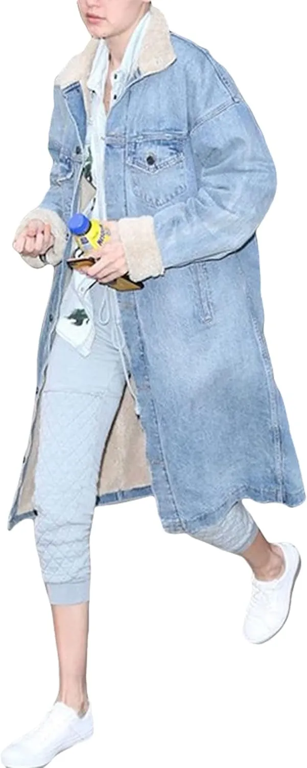 CHARTOU Women's Thicken Loose Sherpa Fleece Lined Button Down Long Denim Jacket Overcoat