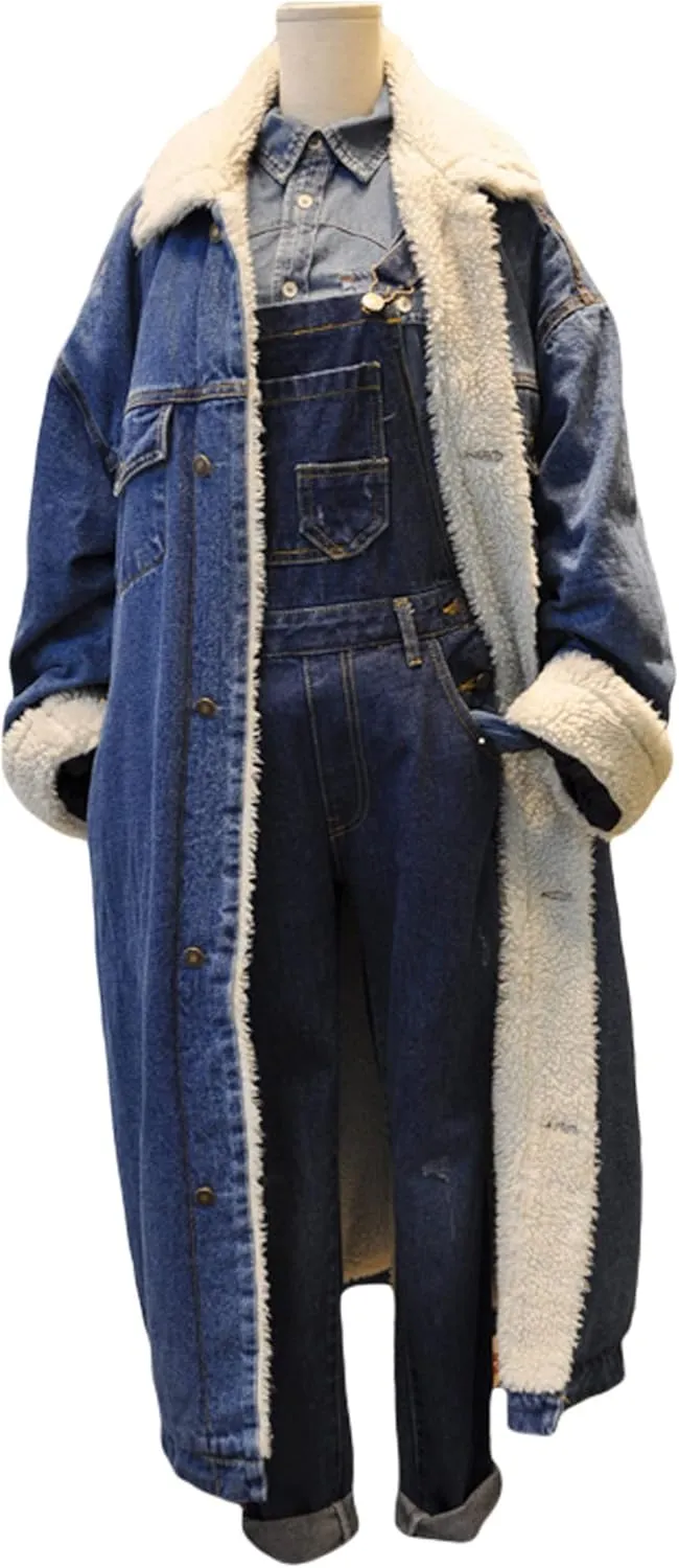 CHARTOU Women's Thicken Loose Sherpa Fleece Lined Button Down Long Denim Jacket Overcoat