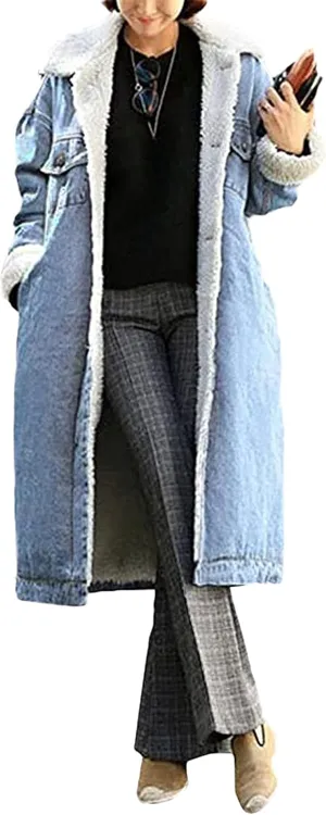 CHARTOU Women's Thicken Loose Sherpa Fleece Lined Button Down Long Denim Jacket Overcoat