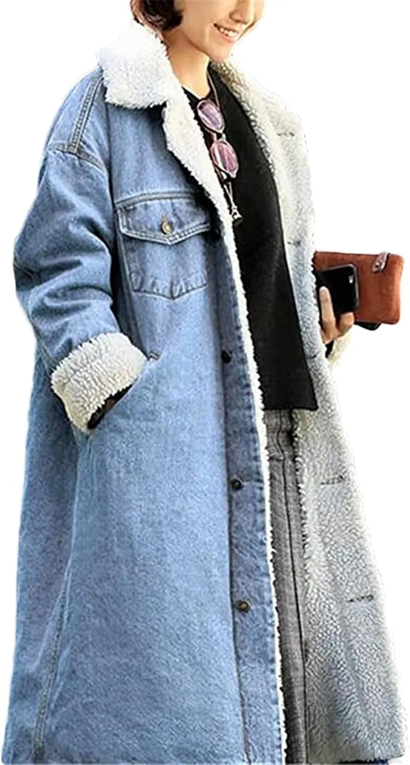 CHARTOU Women's Thicken Loose Sherpa Fleece Lined Button Down Long Denim Jacket Overcoat
