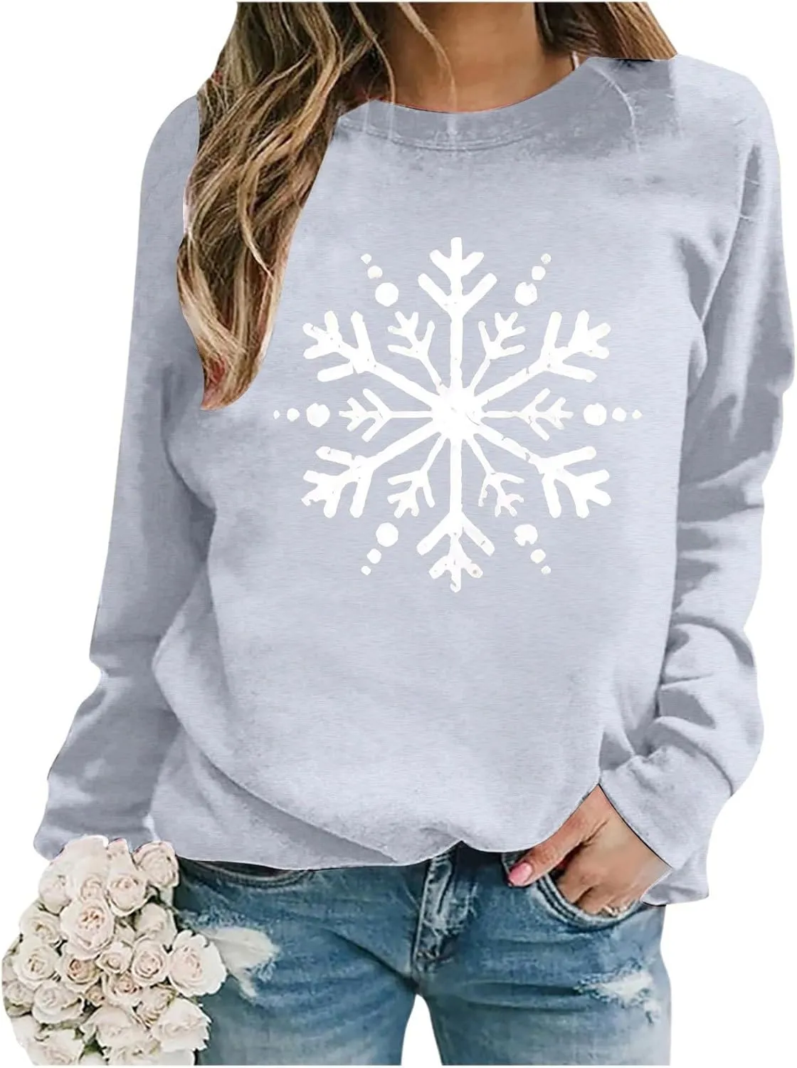 Christmas Sweatshirt for Women Snowflake Graphic Long Sleeve Casual Pullover Drop Shoulder Crewneck Trendy Clothes