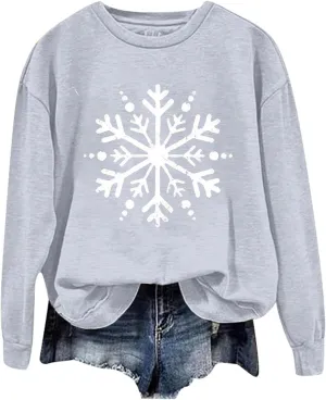 Christmas Sweatshirt for Women Snowflake Graphic Long Sleeve Casual Pullover Drop Shoulder Crewneck Trendy Clothes