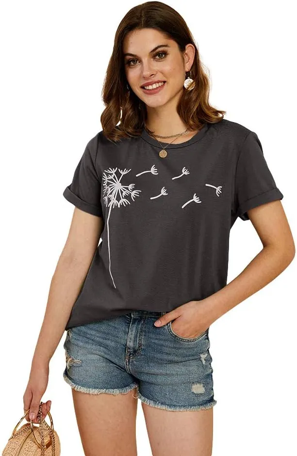 Cicy Bell Women's Dandelion Print T Shirts Cute Graphic Tees Short Sleeve Summer Cotton Tee Tops