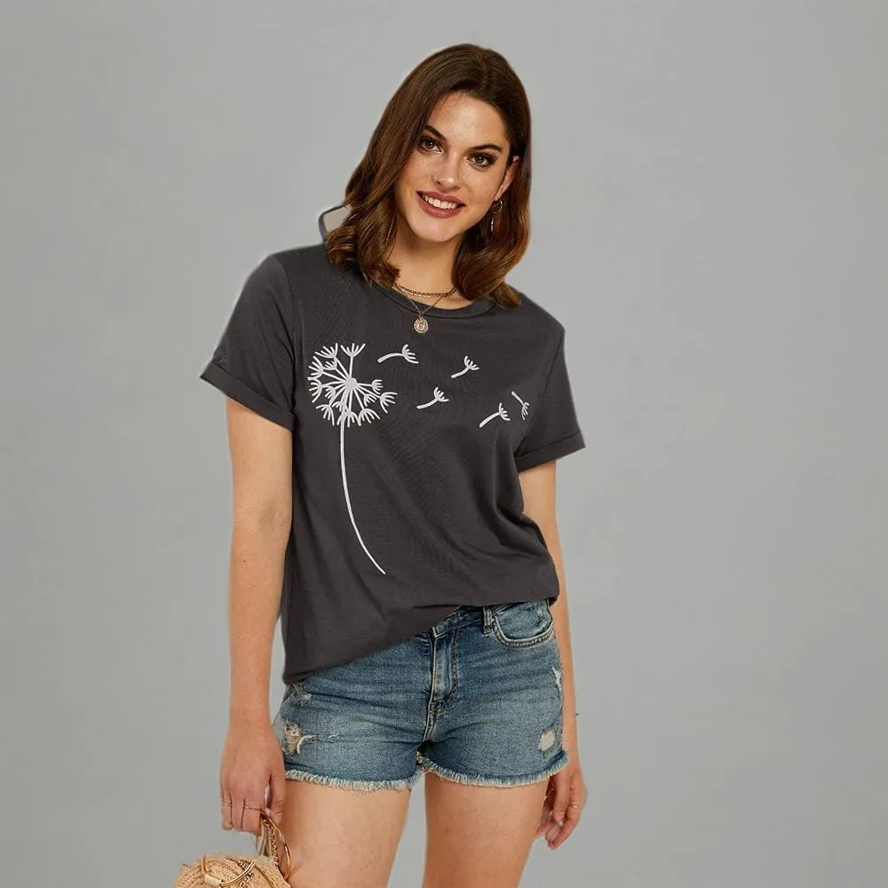 Cicy Bell Women's Dandelion Print T Shirts Cute Graphic Tees Short Sleeve Summer Cotton Tee Tops